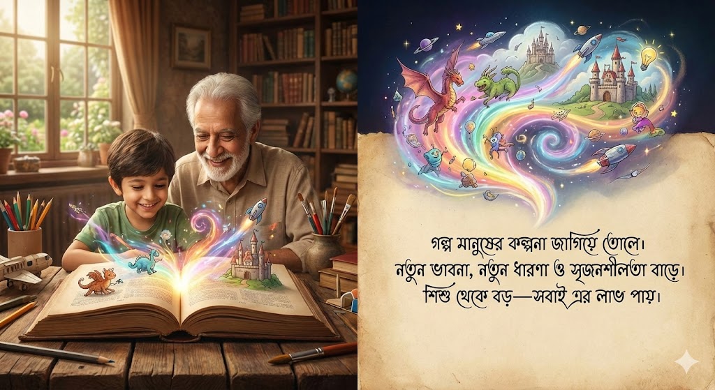 গল্প মানুষের কল্পনা জাগিয়ে তোলে। নতুন ভাবনা, নতুন ধারণা ও সৃজনশীলতা বাড়ে। শিশু থেকে বড়—সবাই এর লাভ পায়।