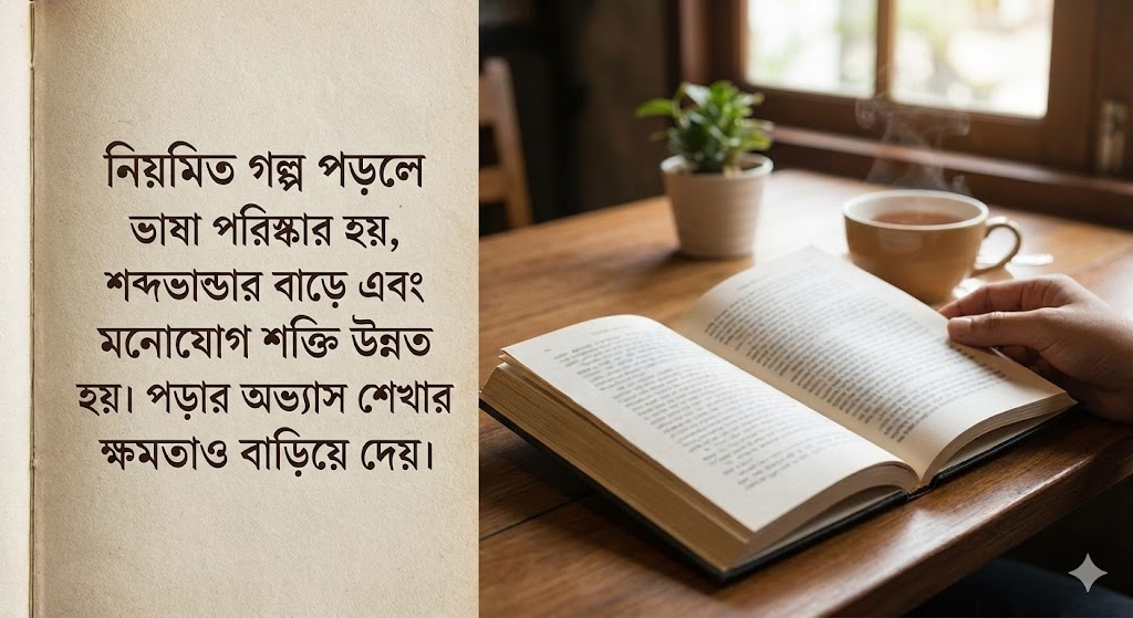 নিয়মিত গল্প পড়লে ভাষা পরিষ্কার হয়, শব্দভান্ডার বাড়ে এবং মনোযোগ শক্তি উন্নত হয়। পড়ার অভ্যাস শেখার ক্ষমতাও বাড়িয়ে দেয়।